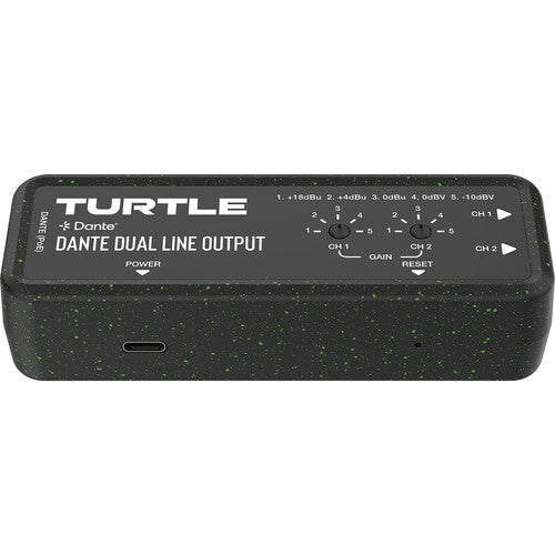 Turtle AV Adaptador de Salida de Línea Euroblock Analógica Dual-Canal Dante 24-Bit 96 kHz PoE USB-C