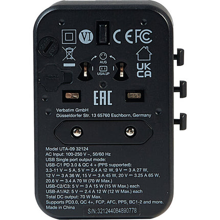 Verbatim UTA-09 Adaptador de Viaje Universal 70W 5 Puertos USB con Estuche
