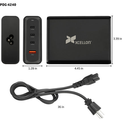 Xcellon Cargador USB GaN 240W 4 Puertos con 140W USB-C1 y Cable AC