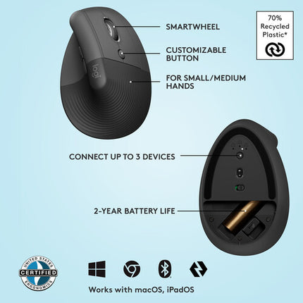 Logitech Lift Ratón Ergonómico Vertical Inalámbrico 4000 dpi Bluetooth