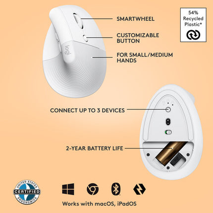 Logitech Lift Ratón Vertical Ergonómico Inalámbrico 4000 dpi Batería AA