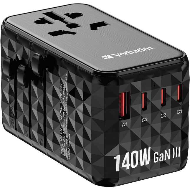 Verbatim UTA-10 Adaptador de Viaje Universal 140W 4 Puertos USB GaN III con Estuche