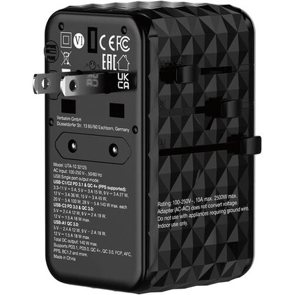 Verbatim UTA-10 Adaptador de Viaje Universal 140W 4 Puertos USB GaN III con Estuche