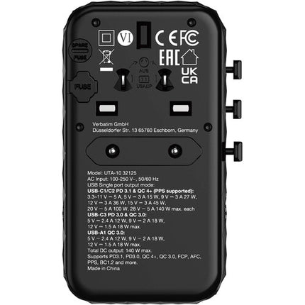 Verbatim UTA-10 Adaptador de Viaje Universal 140W 4 Puertos USB GaN III con Estuche