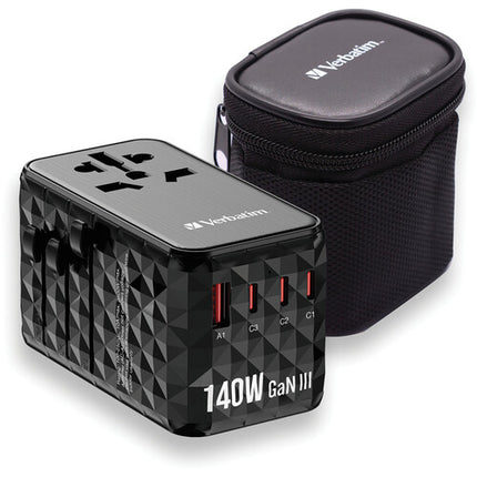 Verbatim UTA-10 Adaptador de Viaje Universal 140W 4 Puertos USB GaN III con Estuche