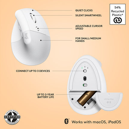 Logitech Lift for Mac Ratón Vertical Ergonómico Inalámbrico 4000 dpi Off-White