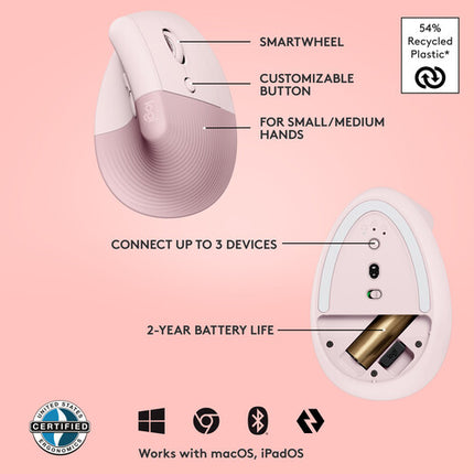 Logitech Lift Ratón Vertical Ergonómico Inalámbrico 4000 dpi Batería AA