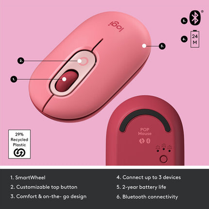 Logitech POP Silent Ratón Inalámbrico Bluetooth 5.1 4000 dpi Heartbreaker Rose