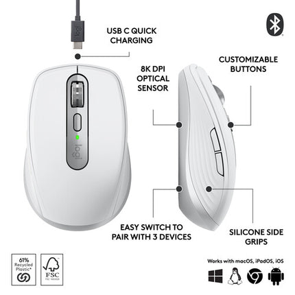Logitech MX Anywhere 3S Ratón Inalámbrico Bluetooth 8000 dpi 70 Días Batería Pale Gray