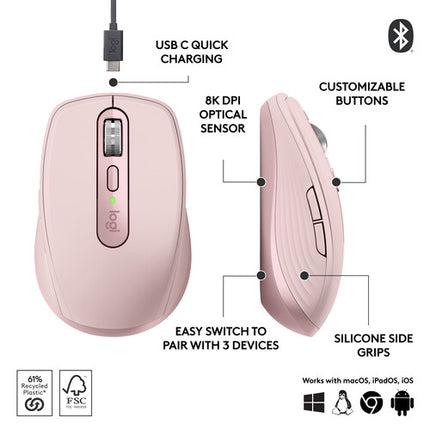 Logitech MX Anywhere 3S Ratón Inalámbrico Rosa Sensor Darkfield 200-8000 dpi