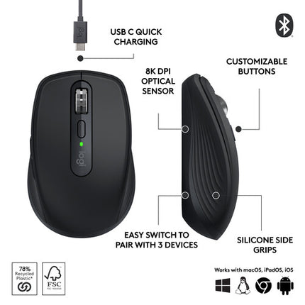 Logitech MX Anywhere 3S Ratón Inalámbrico Negro 8000 dpi Bluetooth 70 Días Batería