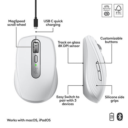 Logitech MX Anywhere 3S para Mac Ratón Inalámbrico Gris Claro 8000 dpi Bluetooth