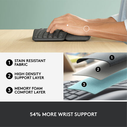 Logitech ERGO K860 Teclado ergonómico inalámbrico Bluetooth 5.0 con reposamuñecas ajustable