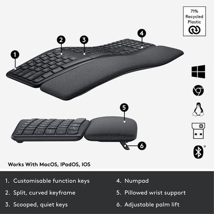 Logitech ERGO K860 Teclado ergonómico inalámbrico Bluetooth 5.0 con reposamuñecas ajustable