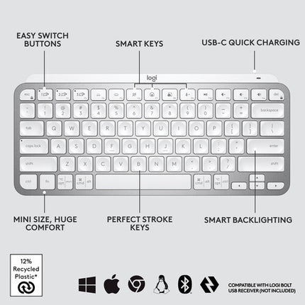 Logitech MX Keys Mini Teclado Inalámbrico Bluetooth 5.0 LED Compacto Gris