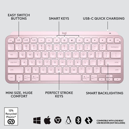 Logitech MX Keys Mini Teclado Inalámbrico Compacto Tecnología Logi Bolt Rosa