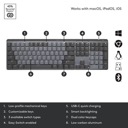 Logitech MX Mechanical teclado inalámbrico táctil silencioso con receptor USB Logi Bolt