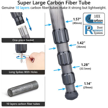 ARTCISE AS90C Trípode de Fibra de Carbono con Rótula Capacidad 30kg Altura 7.7 a 66 Pulgadas Negro
