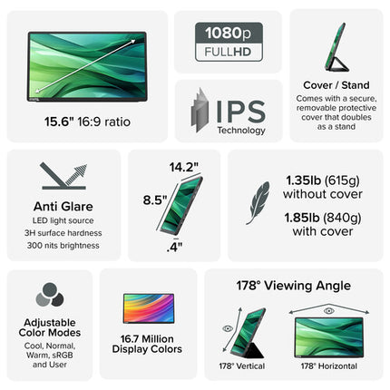 Plugable Monitor portátil 15.6" USB-C 100W Bluetooth teclado funda