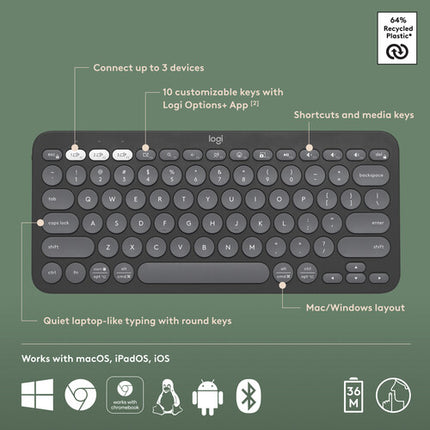 Logitech Pebble Keys 2 K380S Teclado Inalámbrico Bluetooth 3 Dispositivos Batería 36 Meses