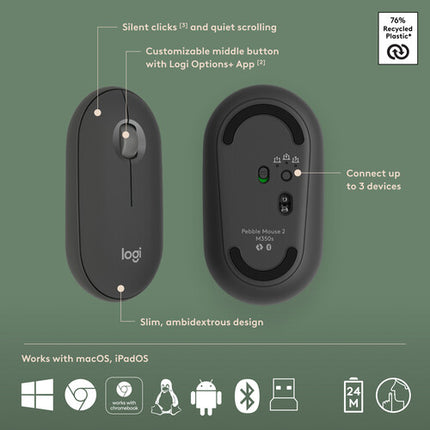 Logitech Pebble 2 Teclado y Ratón Inalámbricos Bluetooth 4000 DPI Silent Touch