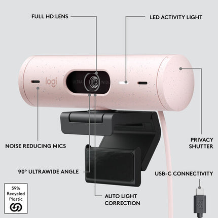 Logitech Brio 500 Webcam Full HD 1080p 30 fps 90° Campo de Visión Rose