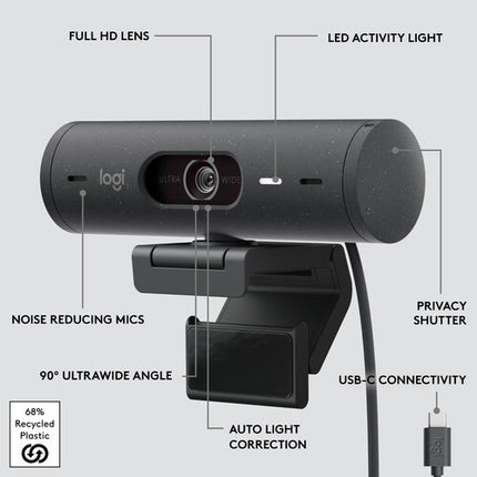 Logitech Brio 500 Webcam Full HD 1080p 90° FOV USB Tipo C