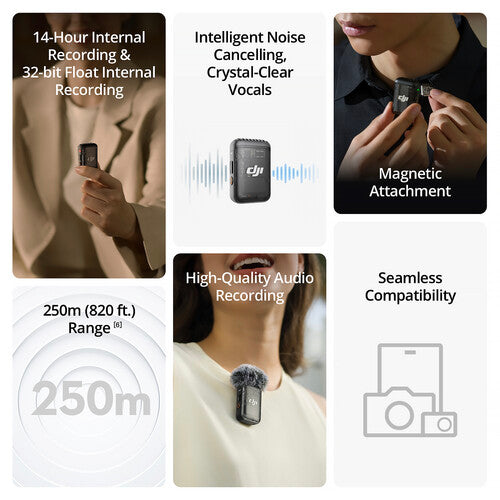 DJI Mic 2 Sistema de Micrófono Digital Inalámbrico Compacto 14 Horas Grabación Alcance 250 m
