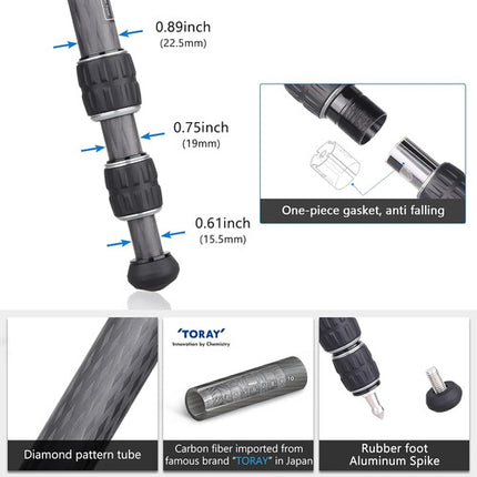 ARTCISE CS25C Mini trípode de fibra de carbono capacidad 10 kg altura 22 cm a 42 cm