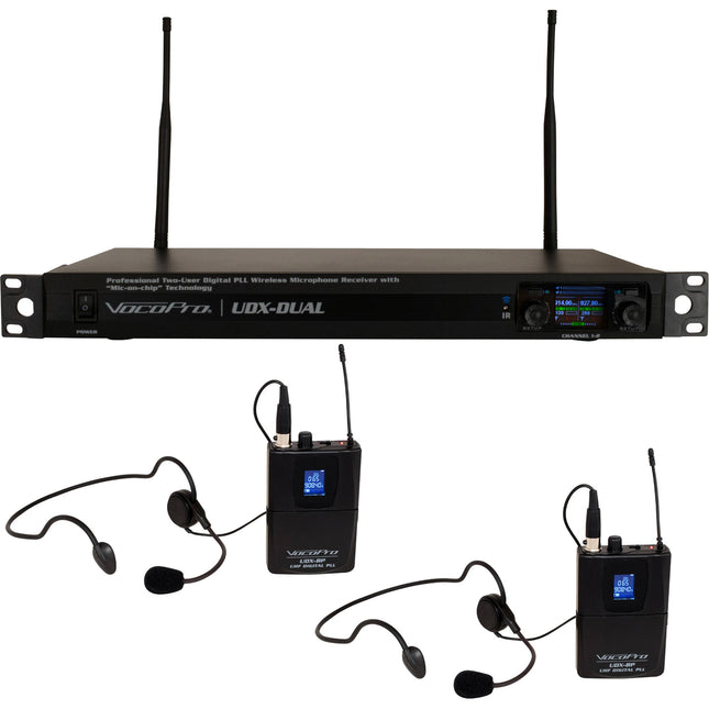 VocoPro UDX-Dual-Bodypack Sistema de Micrófono Inalámbrico Digital 2 Canales 900 MHz con Dos Micrófonos Headset