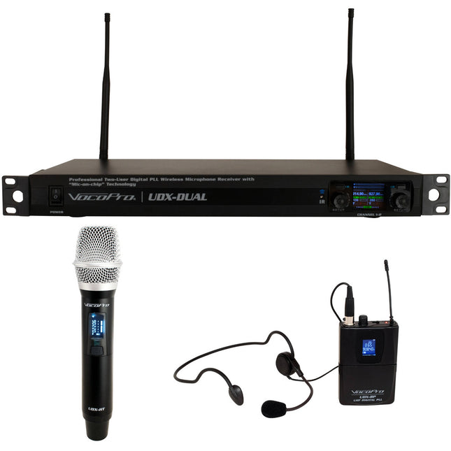 VocoPro UDX-Dual-Combo Sistema Inalámbrico de Micrófonos Digital 900 MHz 2 Canales Rackmount