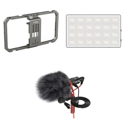SmallRig Universal Phone Cage con Luz RGB Compacta y Micrófono Shotgun/Lavalier