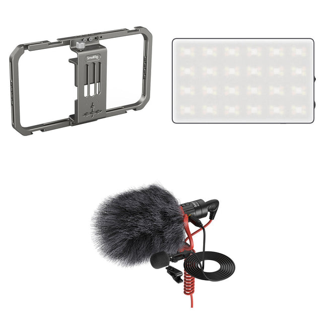 SmallRig Universal Phone Cage con Luz RGB Compacta y Micrófono Shotgun/Lavalier
