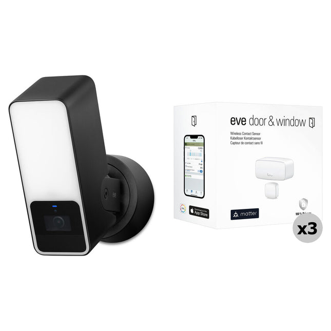 Eve Smart Security Bundle Cámara Exterior 1080p 157° Ángulo Sensor Contacto 3 Pzas