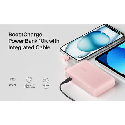 Belkin BoostCharge Power Bank 10K batería 10000mAh cable USB-C integrado rosa