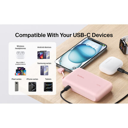 Belkin BoostCharge Power Bank 10K batería 10000mAh cable USB-C integrado rosa