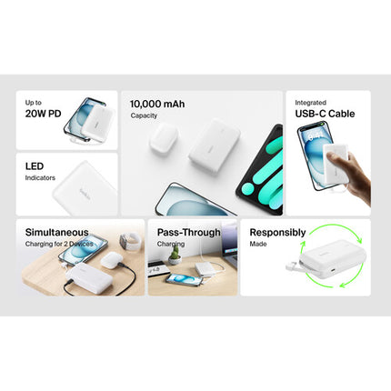 Belkin BoostCharge Power Bank 10K 10000mAh con cable USB-C integrado blanco