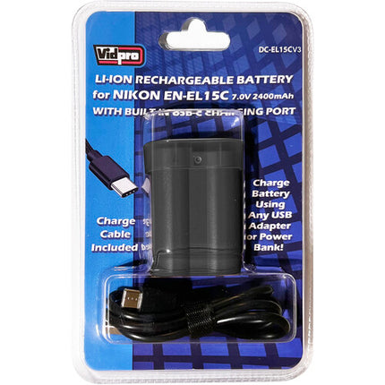 Vidpro EN-EL15c Batería USB-C 2400mAh para Cámaras Nikon con Cable USB-C