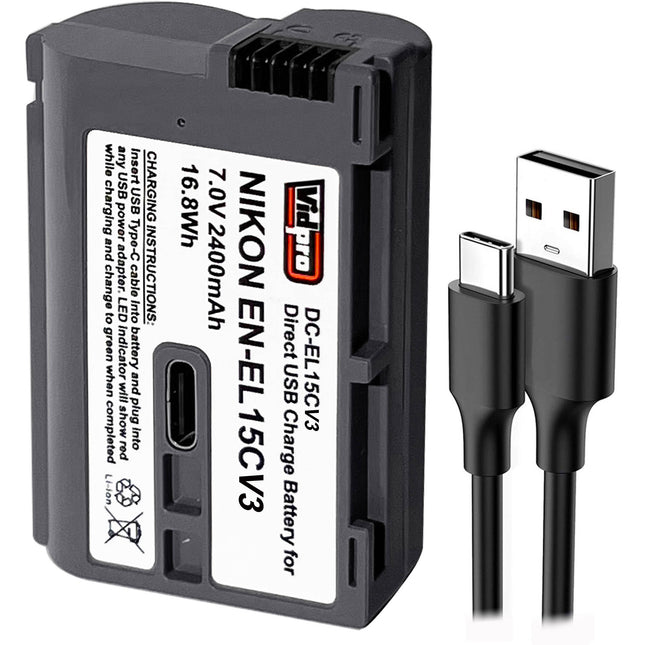 Vidpro EN-EL15c Batería USB-C 2400mAh para Cámaras Nikon con Cable USB-C