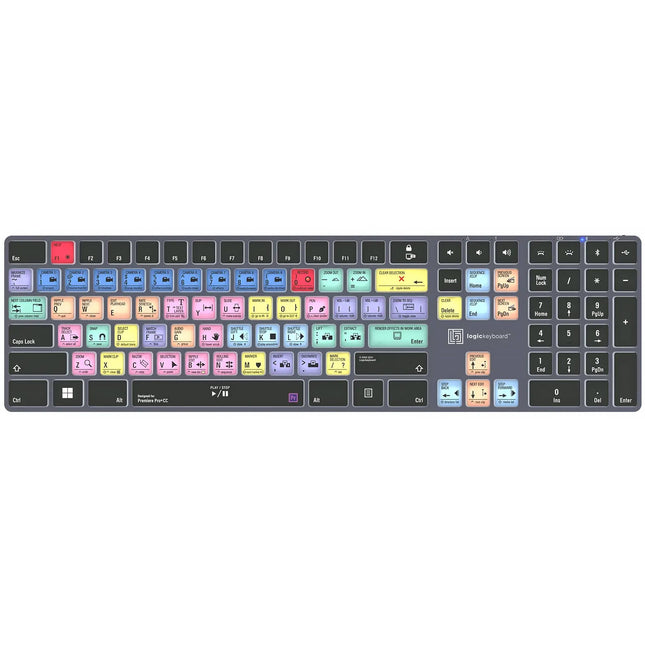 Logickeyboard Adobe Premiere Pro CC TITAN teclado inalámbrico retroiluminado 108 teclas batería recargable Bluetooth 30 ft