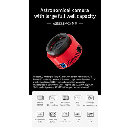 ZWO ASI585MM Cámara Astronómica Monocromo Sensor 8.3MP 47 fps USB 3.0