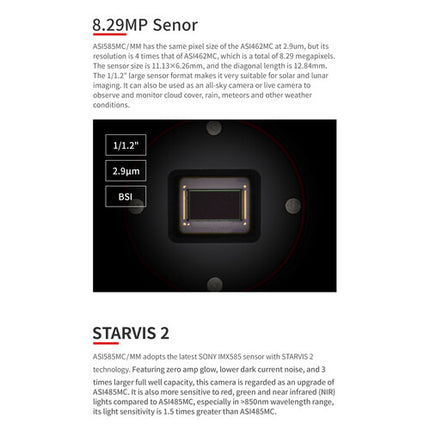 ZWO ASI585MM Cámara Astronómica Monocromo Sensor 8.3MP 47 fps USB 3.0