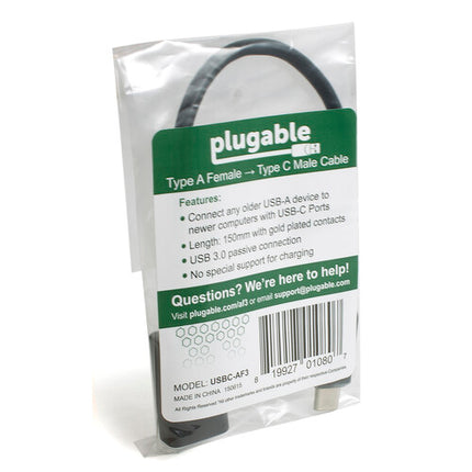 Plugable Adaptador USB Tipo A Hembra a Tipo C Macho Cable 6 Pulgadas 5 Gb/s