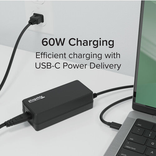 Plugable Cargador USB Type-C 60W Power Delivery 2.0 con Cable AC desmontable