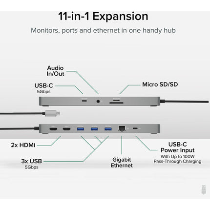 Plugable 11 en 1 USB-C 3.1 Gen 1 Hub con 100W carga y soporte 4K doble HDMI