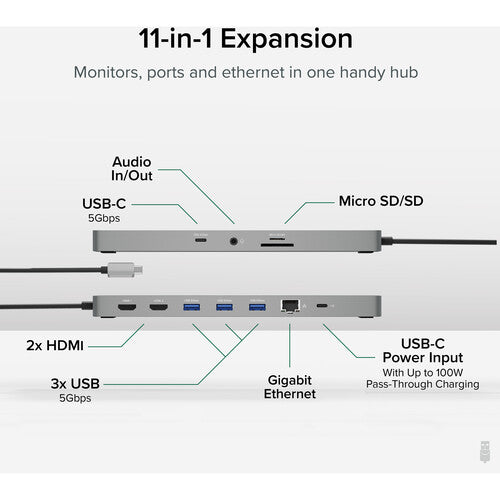 Plugable 11 en 1 USB-C 3.1 Gen 1 Hub con 100W carga y soporte 4K doble HDMI