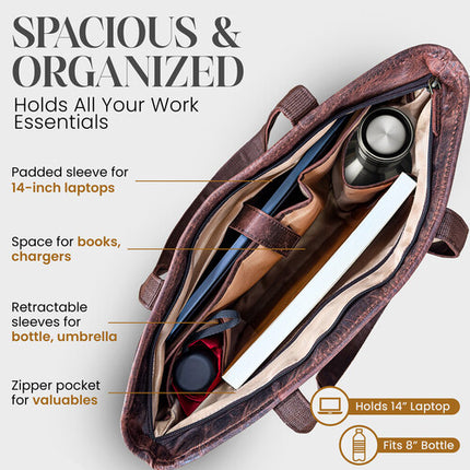 Rofozzi Voyager Leather Laptop Tote Bolso de Cuero para Portátil de 14 Pulgadas con Bolsillo Acolchado y Manguito para Equipaje