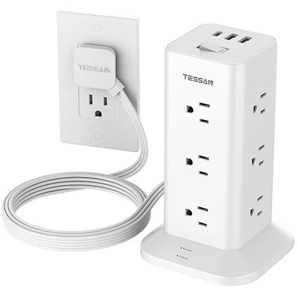 Tessan Regleta Torre 12 Enchufes 3 Puertos USB Protección 900J 1.8m