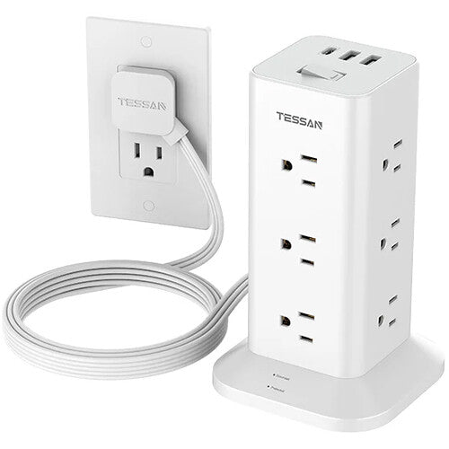 Tessan Regleta Torre 12 Enchufes 3 Puertos USB Protección 900J 1.8m