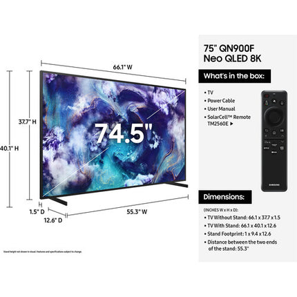 Samsung QN900F 75" TV Neo QLED Mini-LED 8K UHD 120Hz HDR10+ SolarCell Remote